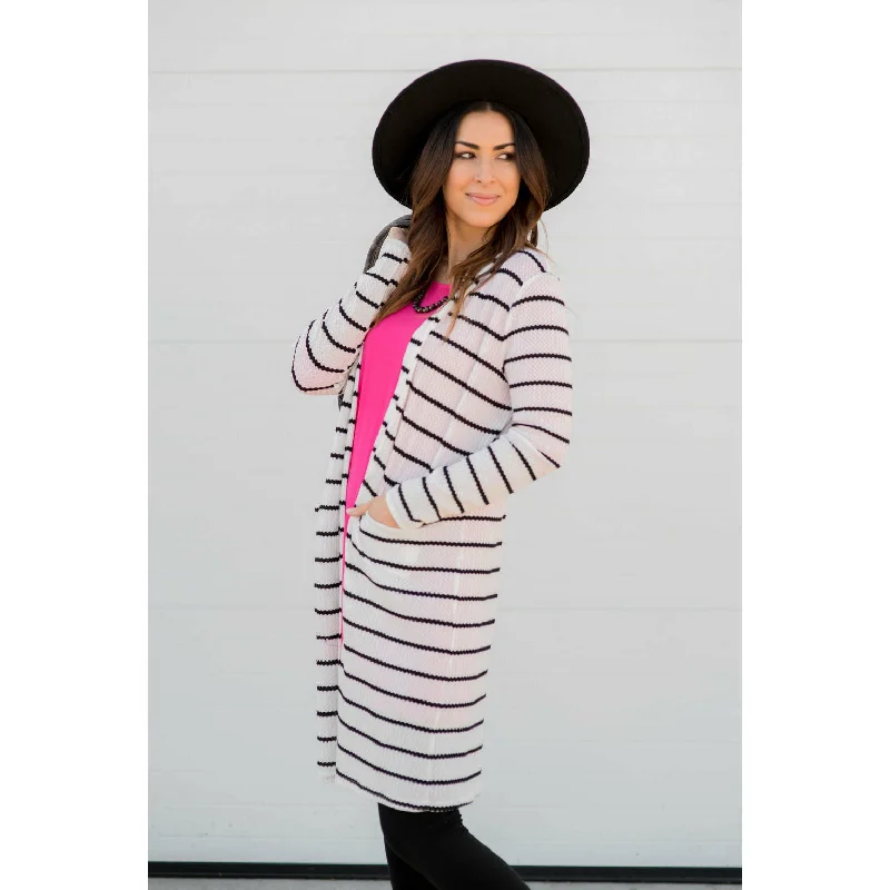 v neck women cardigan to elongate the necklineTextured Striped Tunic Cardigan