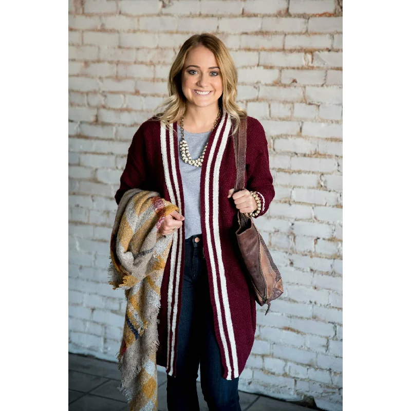 open front women cardigan for easy stylingWhite Striped Accent Tunic Cardigan