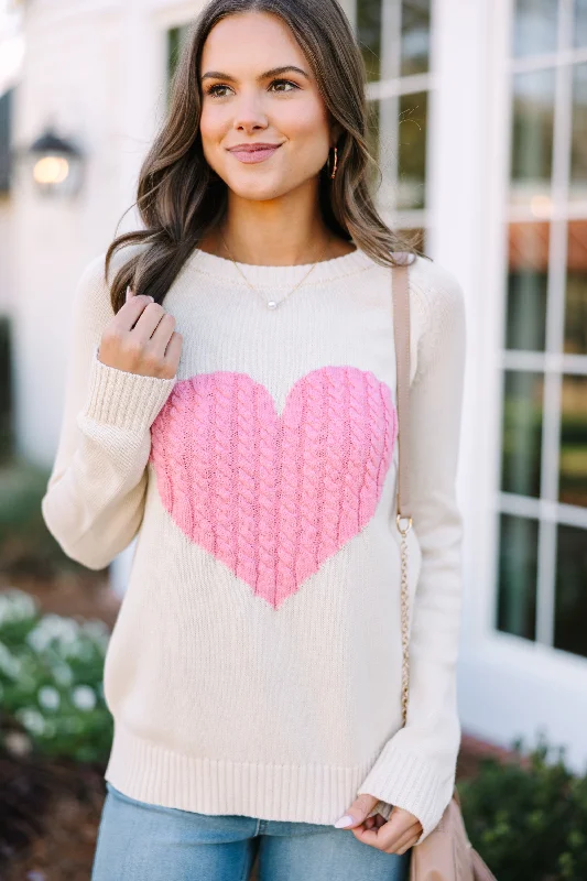 Plus Size Women's Embroidered Sweaters in Ethnic StylesAll For Love Oatmeal and Pink Heart Sweater