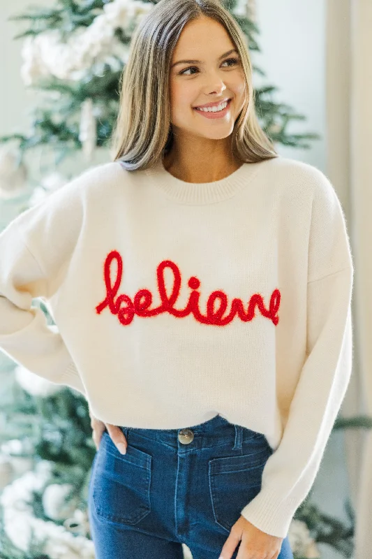 Plus Size Women's Sequined Sweaters for Special OccasionsBelieve Cream Script Sweater