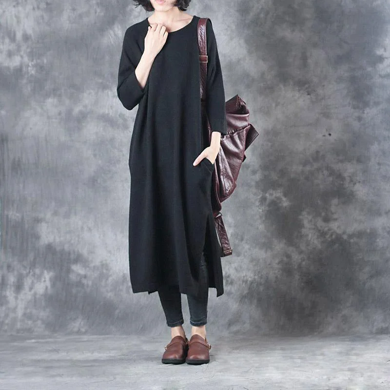 High - Low Hem Women's Cashmere - Blended Sweatersblack fashion woolen dresses baggy loose slim casual bracelet sleeved knit dress