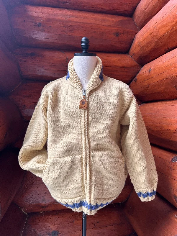 Tie - Front Women's Lambswool Sweaters in Pastel HuesCanadian Knit Sweater - Cream - Blue Trim M/L