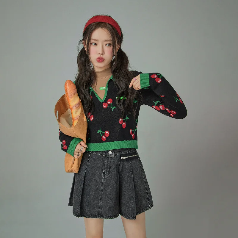 Bell - Sleeve Women's Mohair - Wool Blend SweatersCherry Polo Collar Colored Crop Knit Sweater