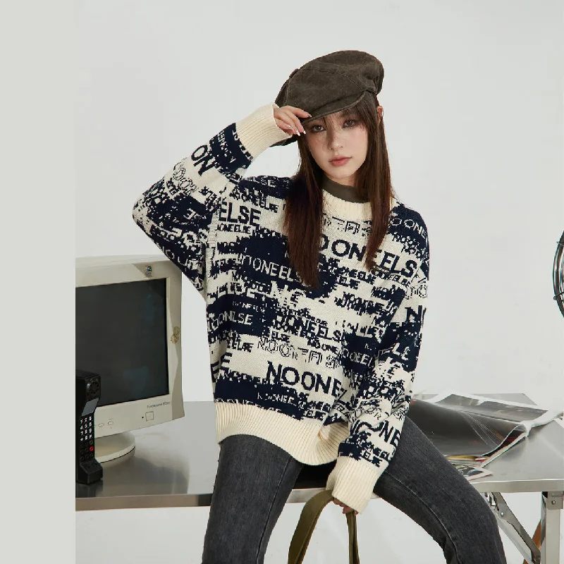 Plus Size Women's Embroidered Sweaters in Ethnic StylesNoe Lettering Knit Sweater
