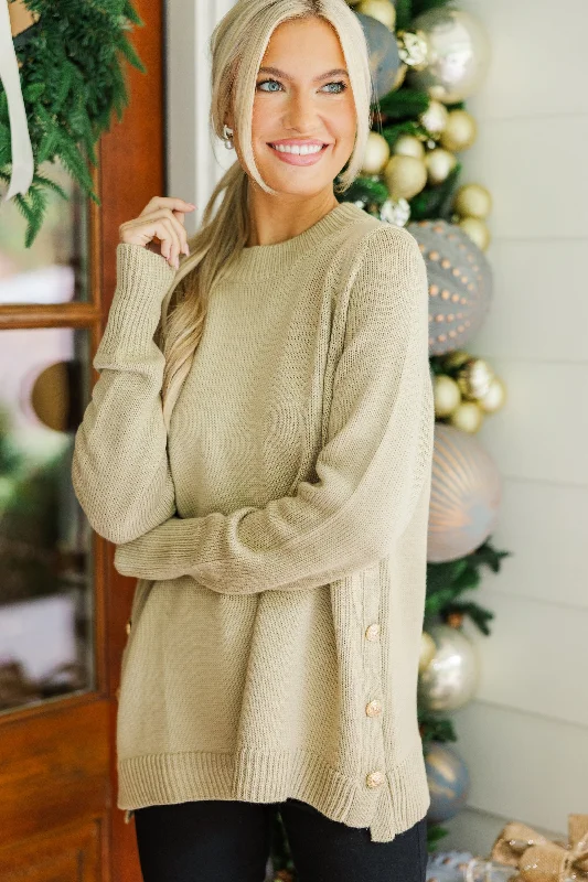Plus Size Women's Belted Cable Knit SweatersThe Slouchy Taupe Side Button Sweater