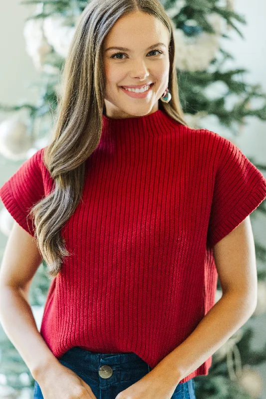Plus Size Women's Oversized Chunky Knit SweatersSee You There Red Short Sleeve Sweater