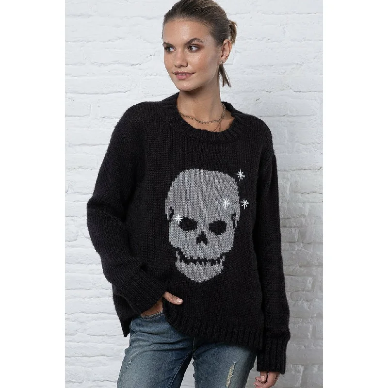 Plus Size Women's Embroidered Sweaters in Ethnic StylesSparkle Skull Crew