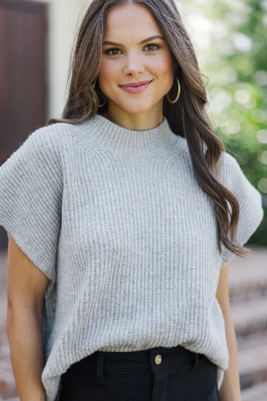 Plus Size Women's Belted Cable Knit SweatersThe Slouchy Gray Short Sleeve Sweater