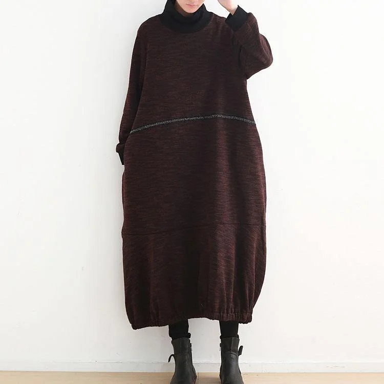 Bell - Sleeve Women's Mohair - Wool Blend SweatersWarm Brown Knit Dresses Casual High Neck Spring Dresses Vintage Baggy Winter Dress