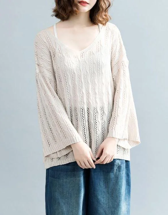 Plus Size Women's Oversized Chunky Knit Sweaterswomen beige  sweater Loose fitting v neck knitted blouses 2018 hollow out fall blouse