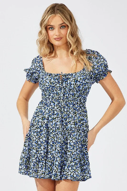 Empire Waist Women Dress to Accentuate the Bust and Conceal the WaistBlack Ditsy Fit And Flare Dress Puff Sleeve Mini