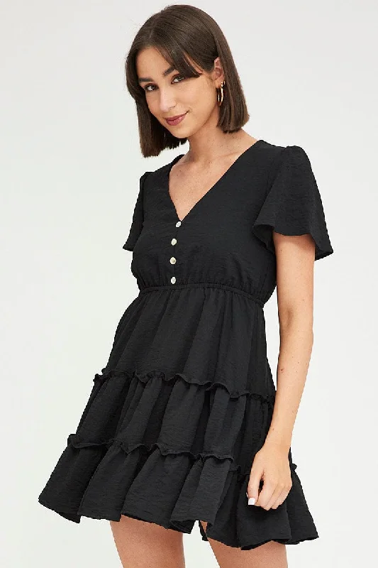 Lace - Embellished Women Dress for an Elegant and Sophisticated AppearanceBlack Fit And Flare Dress Short Sleeve Mini