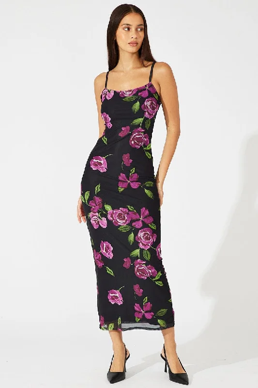 Strapless Women Dress with a Built - in Bra for Comfort and SupportBlack Floral Bodycon Maxi Dress Mesh