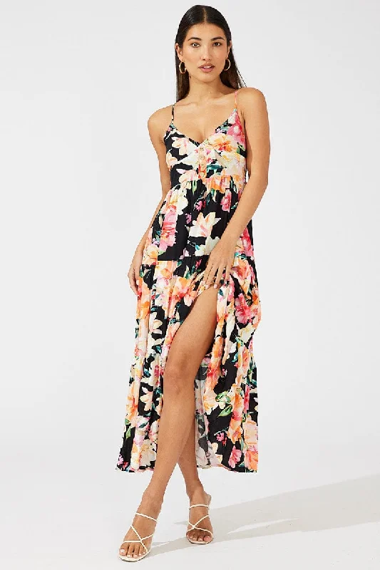 Plus Size Women Dress with a Flattering A - Line Cut for Comfort and StyleBlack Floral Maxi Dress Sleeveless V-Neck