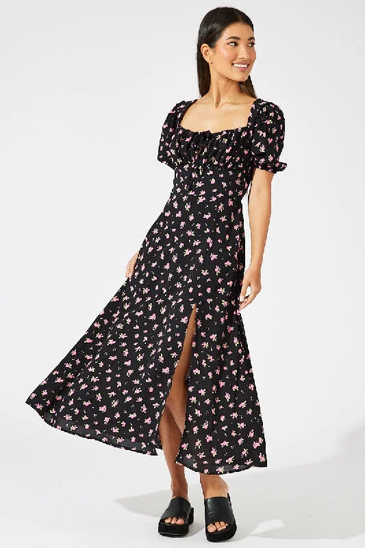 Off - the - Shoulder Women Dress for a Romantic and Feminine LookBlack Floral Midi Dress Puff Sleeve Midi