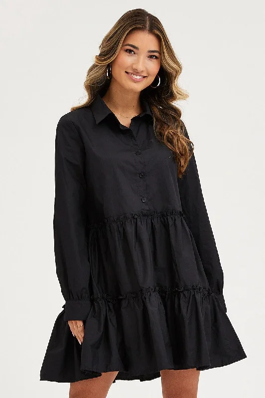 Plus Size Women Dress with a Flattering A - Line Cut for Comfort and StyleBlack Shirt Dress Long Sleeve Mini