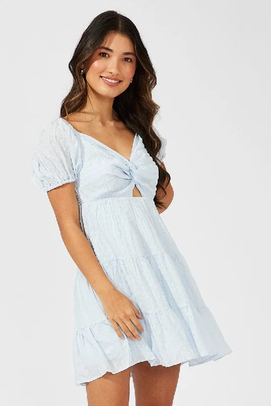 Shift Women Dress with a Simple and Classic Design for Everyday WearBlue Fit And Flare Dress Puff Sleeve Mini