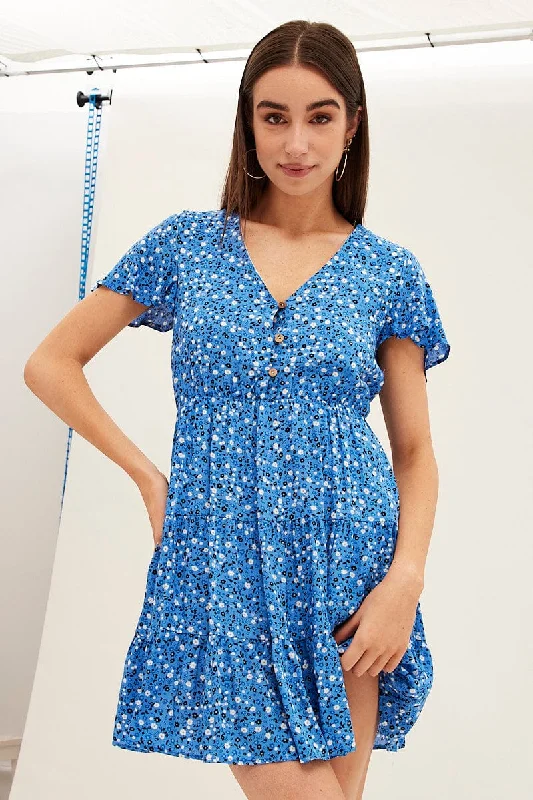 Sleeveless Women Dress in Bright Colors for Summer PartiesBlue Floral Button Front Short Sleeve Mini Skater Dress