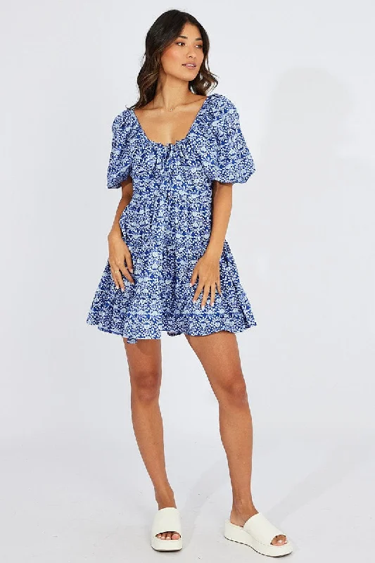 Wrap - Style Women Dress with Adjustable Fit for All Body TypesBlue Floral Fit And Flare Mini Dress Puff Sleeve