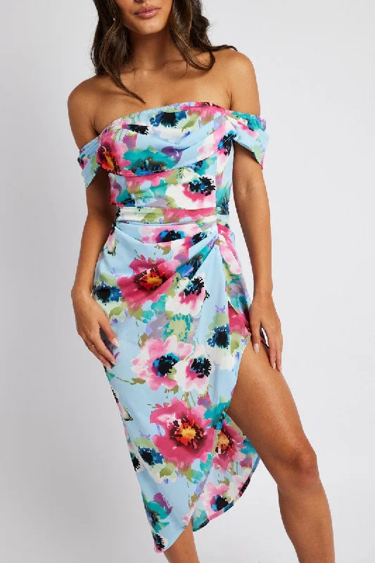 Ruffled Women Dress with Multiple Layers for a Playful and Girly StyleBlue Floral Midi Dress Bardot Sleeve Draped Blue Floral