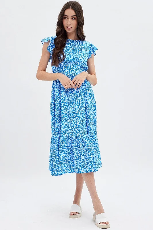 Strapless Women Dress with a Built - in Bra for Comfort and SupportBlue Floral Tie Back Midi Dress