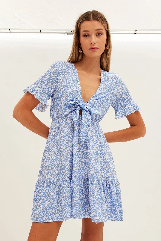 Mermaid - Style Women Dress with a Fitted Silhouette for Special OccasionsBlue Floral Tie Front Mini Skater Dress
