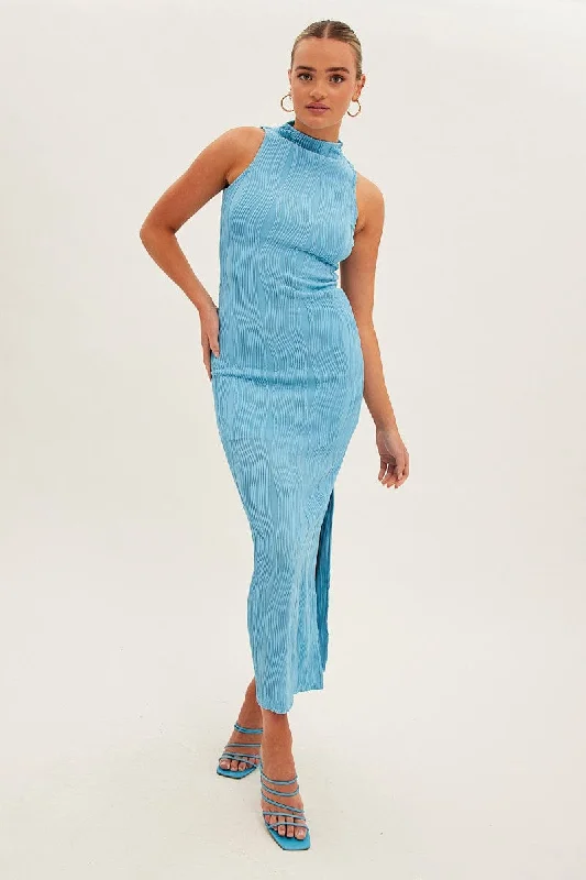 Wrap - Style Women Dress with Adjustable Fit for All Body TypesBlue Maxi Dress High Neck Sleeveless