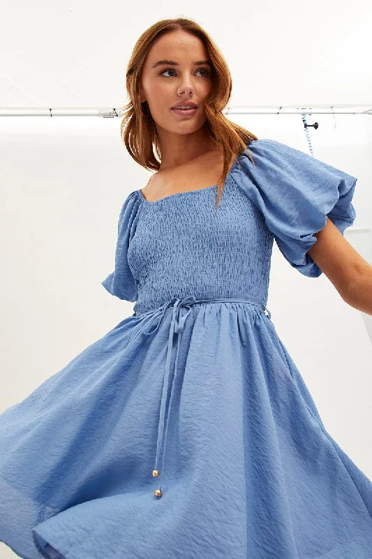 Ball Gown Women Dress with a Full Skirt for a Princess - like LookBlue Skater Dress Short Sleeve Round Neck Shirring