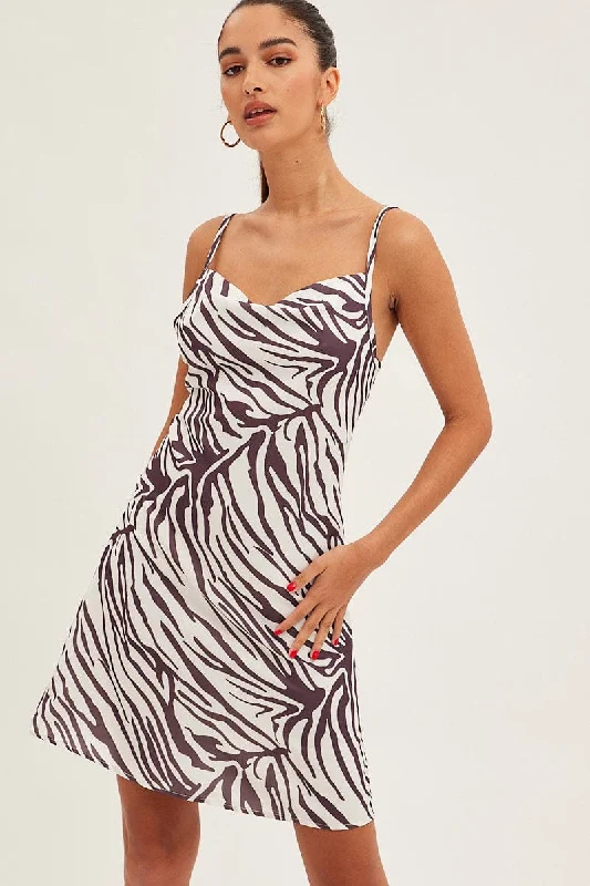 Mini Women Dress with a Short Hem for a Young and Trendy StyleBrown Print Cowl Neck Mini Dress