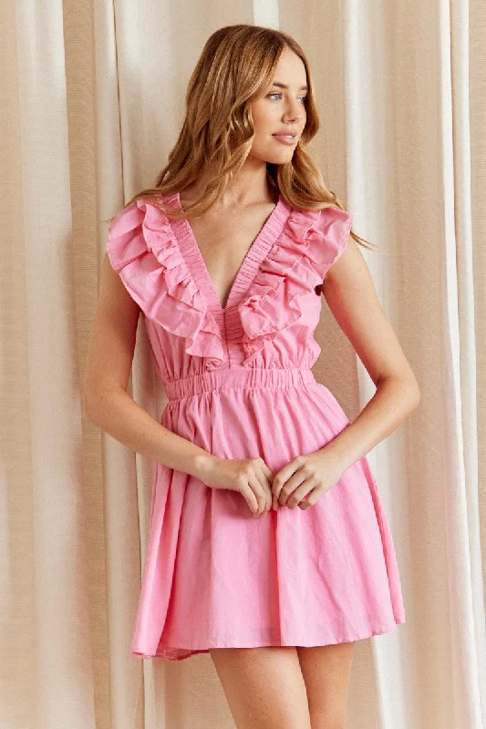 Long - Sleeve Women Dress in Velvet for a Luxurious Winter LookCANDY PINK Fit And Flare Dress Sleeveless Deep V Frill Mini