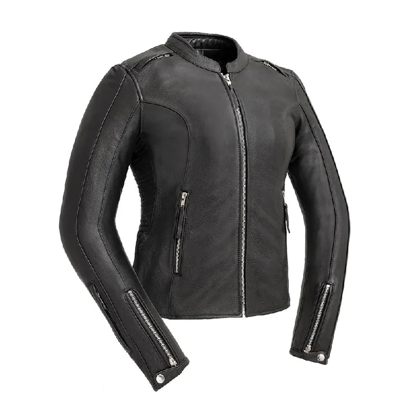 Women's quilted puffer jackets in a cropped silhouette for a modern twistCyclone Womens Motorcycle Leather Jacket by First MFG Women's quilted puffer jackets in a cropped silhouette for a modern twistCyclone Womens Motorcycle Leather Jacket by First MFG