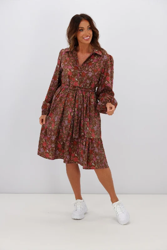 Shift Women Dress with a Simple and Classic Design for Everyday WearFria Ophelia Floral Dress Brown