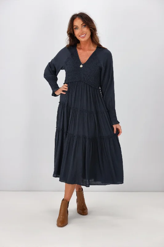 Ruffled Women Dress with Multiple Layers for a Playful and Girly StyleGloss by Shine On Brianna Angle Shirred Bodice Dress Midnight