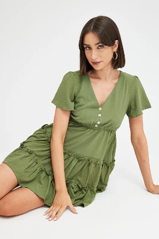 Ruffled Women Dress with Multiple Layers for a Playful and Girly StyleGreen Fit And Flare Dress Short Sleeve Mini
