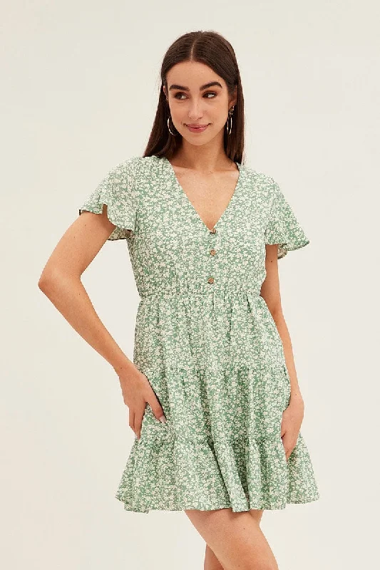 Sheath Women Dress with a Tailored Fit for a Professional LookGreen Floral Button Front Short Sleeve Mini Skater Dress