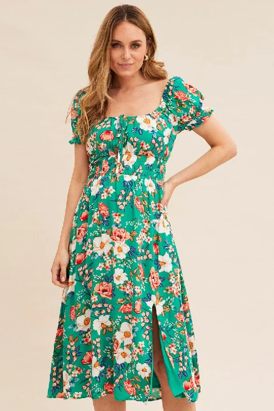 Halter Neck Women Dress to Show Off the Shoulders and NecklineGreen Floral Short Puff Sleeve Midi Slit Dress