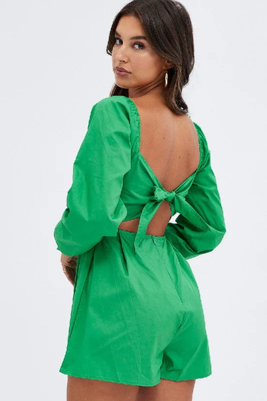Plus Size Women Dress with a Flattering A - Line Cut for Comfort and StyleGreen Poplin Playsuit Long Sleeve Tie Back