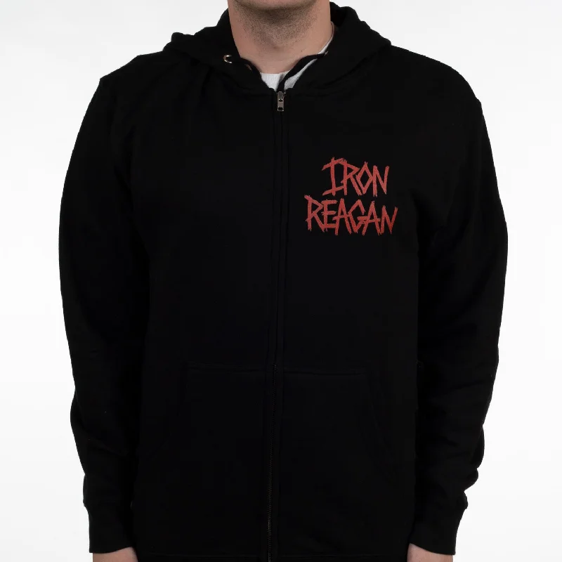 Women's hoodie with a glittery print for a glamorous and sparkly appearanceIron Reagan "Red Logo" Zip Hoodie Women's hoodie with a glittery print for a glamorous and sparkly appearanceIron Reagan "Red Logo" Zip Hoodie