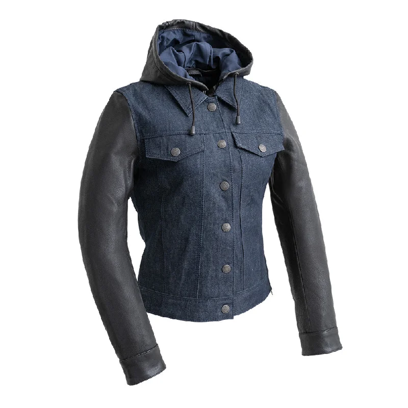 Women's waterproof rain jackets in bright yellow for high - visibility outdoor activitiesLadies Holli Denim/Leather Jacket