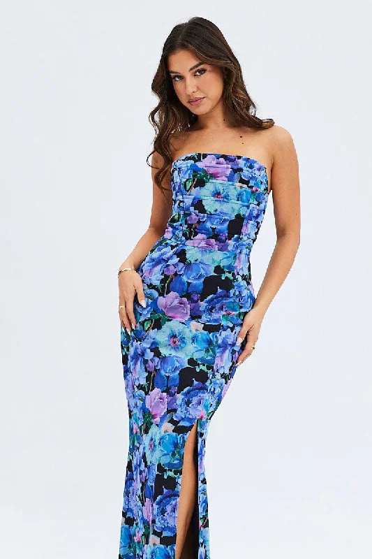 Ball Gown Women Dress with a Full Skirt for a Princess - like LookMulti Floral Bandeau Strapless Side Split Chiffon Maxi Dress