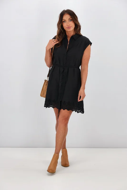 Sleeveless Women Dress in Bright Colors for Summer PartiesONLY Lou Embroidered Shirt Dress Black