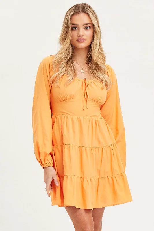 Printed Abstract Women Dress for a Modern and Artistic AppealOrange Fit And Flare Dress Long Sleeve Square Neck