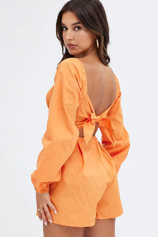 Halter Neck Women Dress to Show Off the Shoulders and NecklineOrange Poplin Playsuit Long Sleeve Tie Back