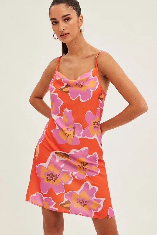 Ball Gown Women Dress with a Full Skirt for a Princess - like LookOrange Print Cowl Neck Mini Dress