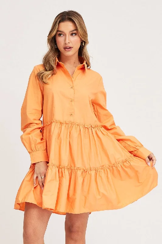 Ruffled Women Dress with Multiple Layers for a Playful and Girly StyleOrange Shirt Dress Long Sleeve Mini