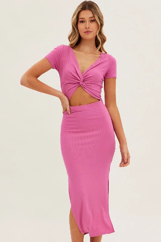 Long - Sleeve Women Dress in Velvet for a Luxurious Winter LookPink Bodycon Dress Rib Twist Front Cut Out Short Sleeve