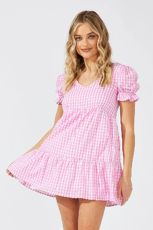 Mini Women Dress with a Short Hem for a Young and Trendy StylePink Check Smock Dress Short Sleeve Tiered
