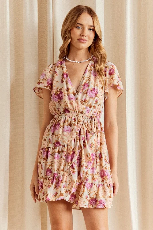Pleated Women Dress with a Timeless and Elegant TexturePink Floral Fit And Flare Dress Short Sleeve Wrap Chiffon