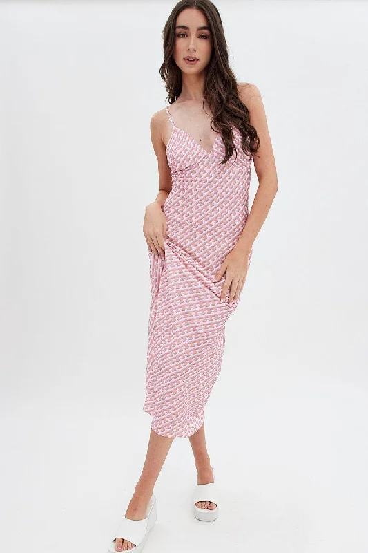 Lace - Embellished Women Dress for an Elegant and Sophisticated AppearancePink Geo Midi Dress V-Neck Sleeveless