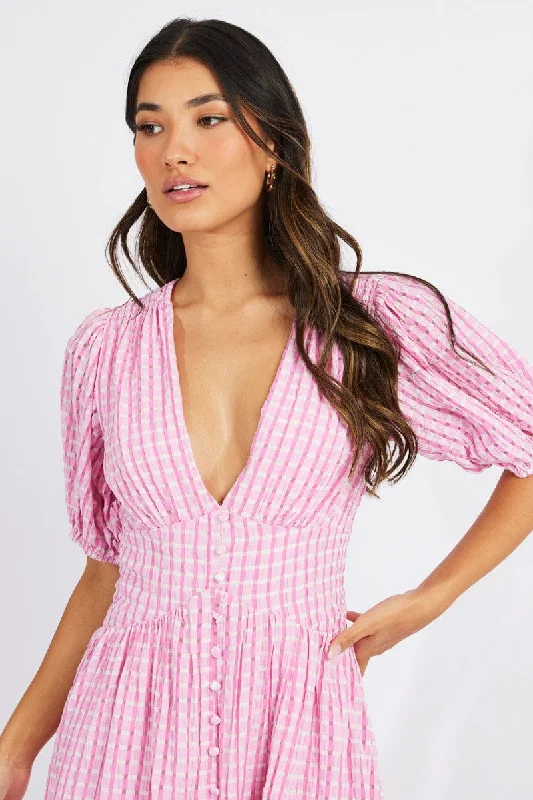 Off - the - Shoulder Women Dress for a Romantic and Feminine LookPink Midi Dress Puff Sleeve